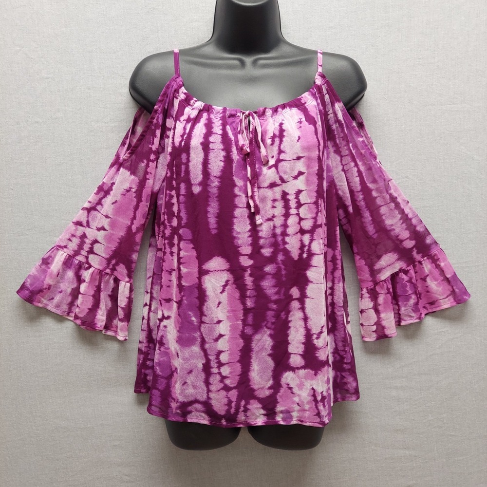 INC Y2K Tie Dye Top M Purple Boho Peasant Cold Shoulder Bell Sleeve Festival